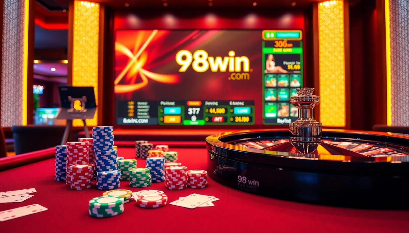 Experience high-stakes action at 98win. com with vibrant poker chips and elegant casino tables.