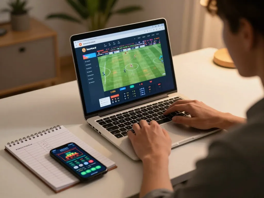 Player analyzing live keonhacai betting odds on laptop, promoting responsible gambling practices.