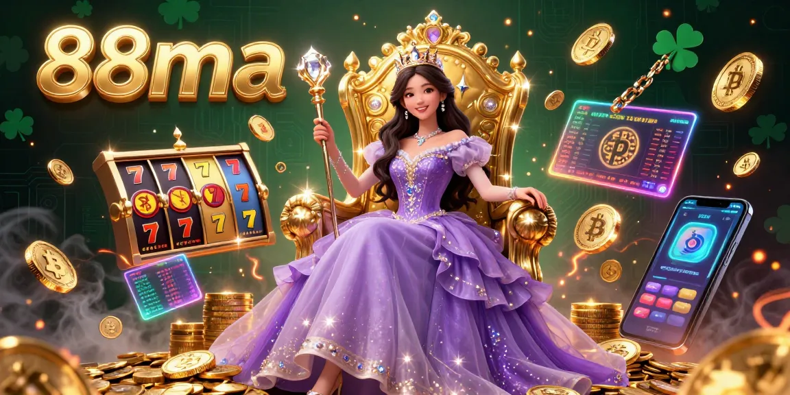 Experience thrilling gaming at 88ma with vibrant slot reels and crypto elements in a visually stunning scene.