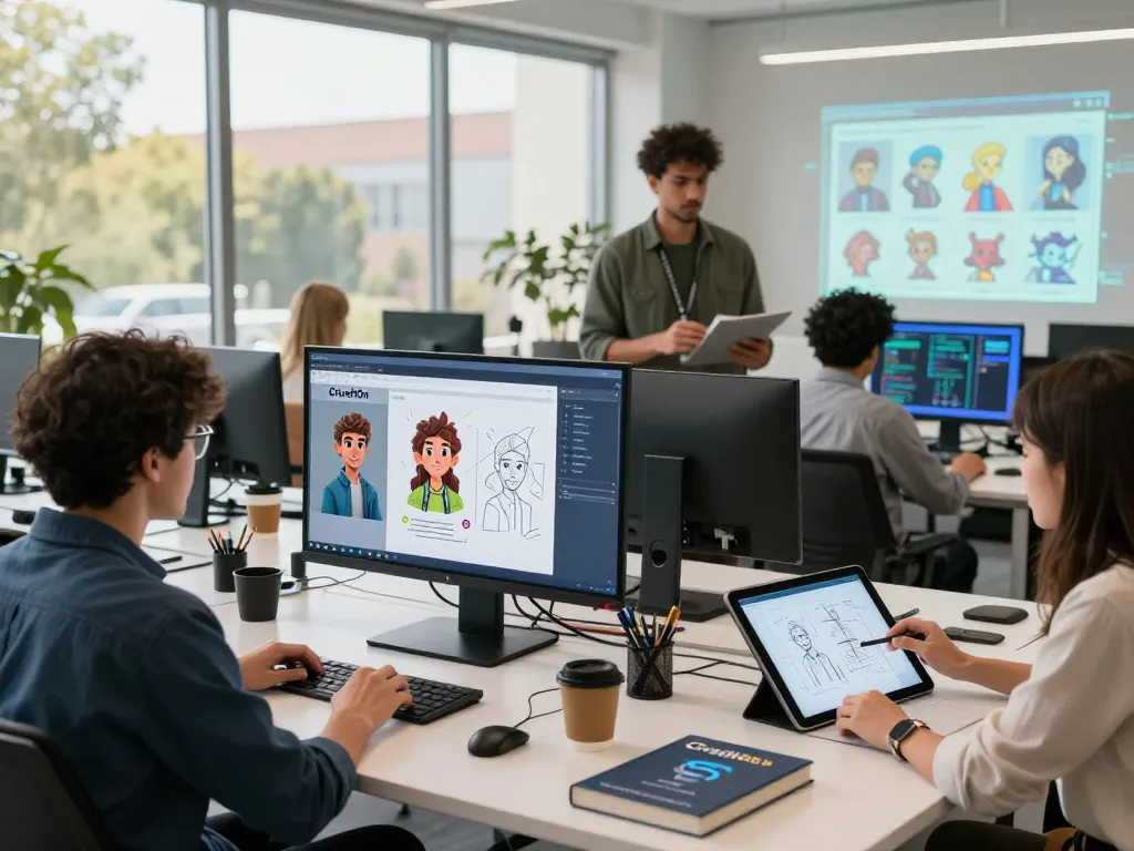 Engaged team collaborating on Crushon AI character designs in an innovative workspace.