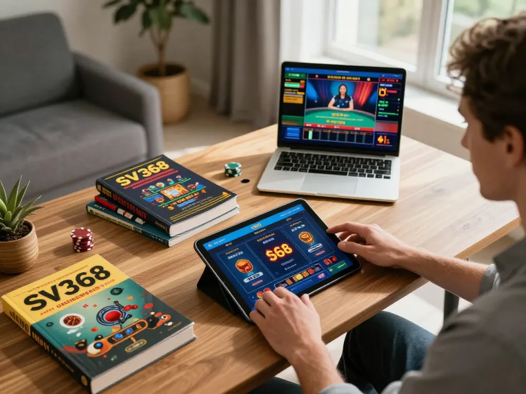 Engaged player using SV368 casino app on tablet while strategizing betting