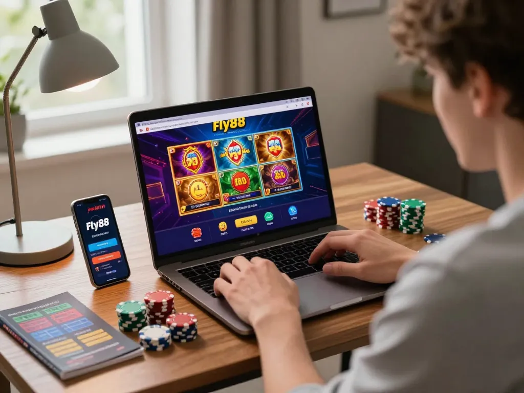 Engaged user exploring fly88 casino games on a laptop in a cozy home environment.
