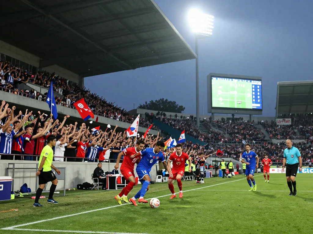 Fans celebrating at a thrilling 7m football match under stadium lights