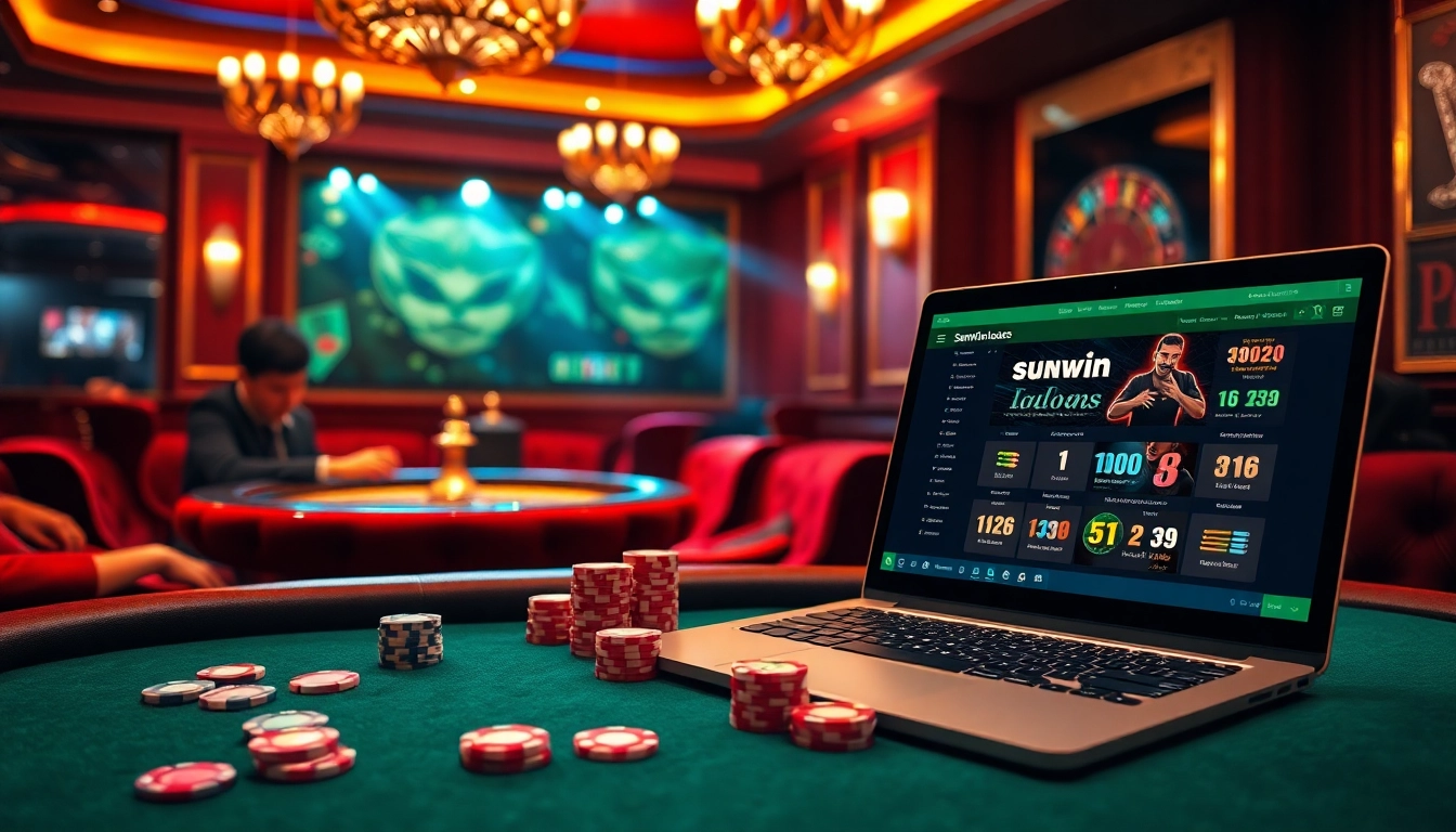 Engage with sunwin.loans at a lively casino table showcasing poker, chips, and online betting aesthetics.