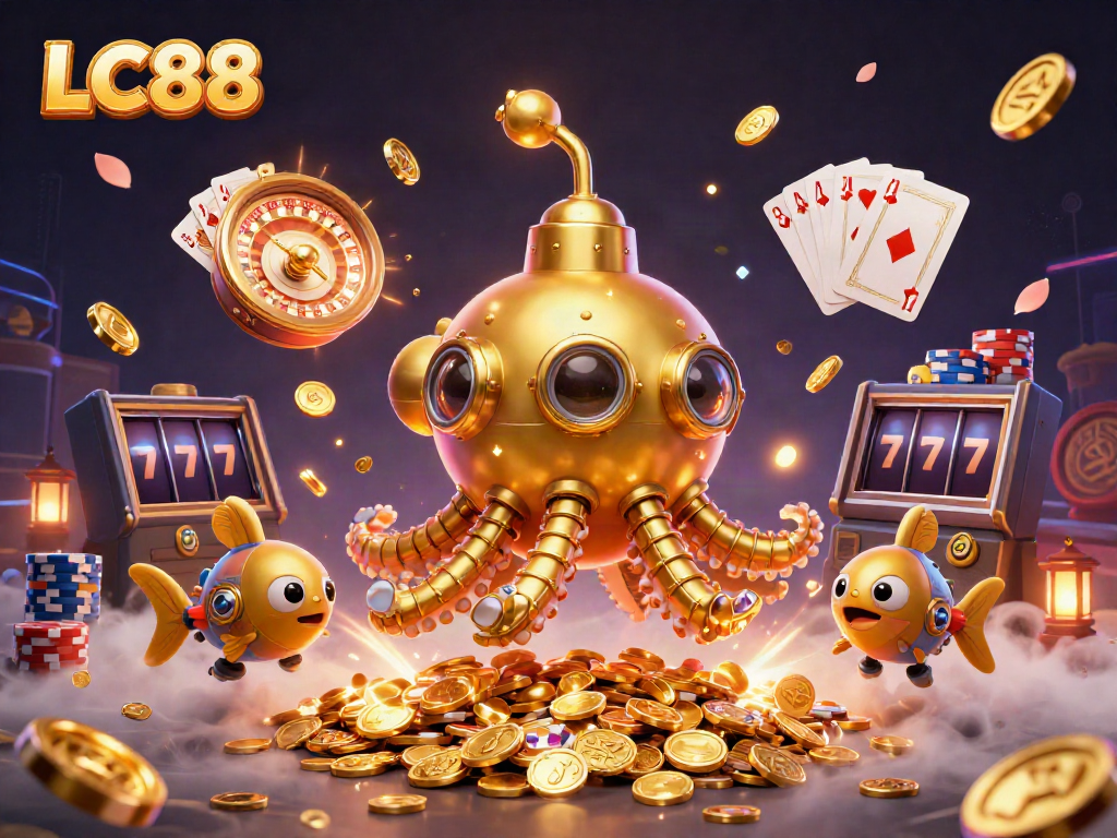 Engage in excitement at LC88 with a 3D kraken submarine amid swirling treasures and dynamic game elements.