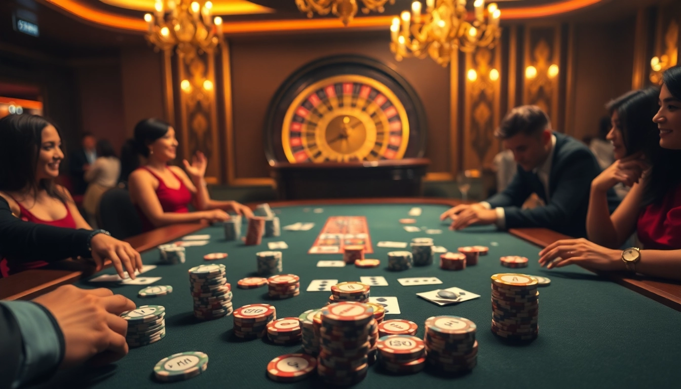 Experience thrilling moments at ALo789 with excited players and poker chips in a luxurious casino setting.