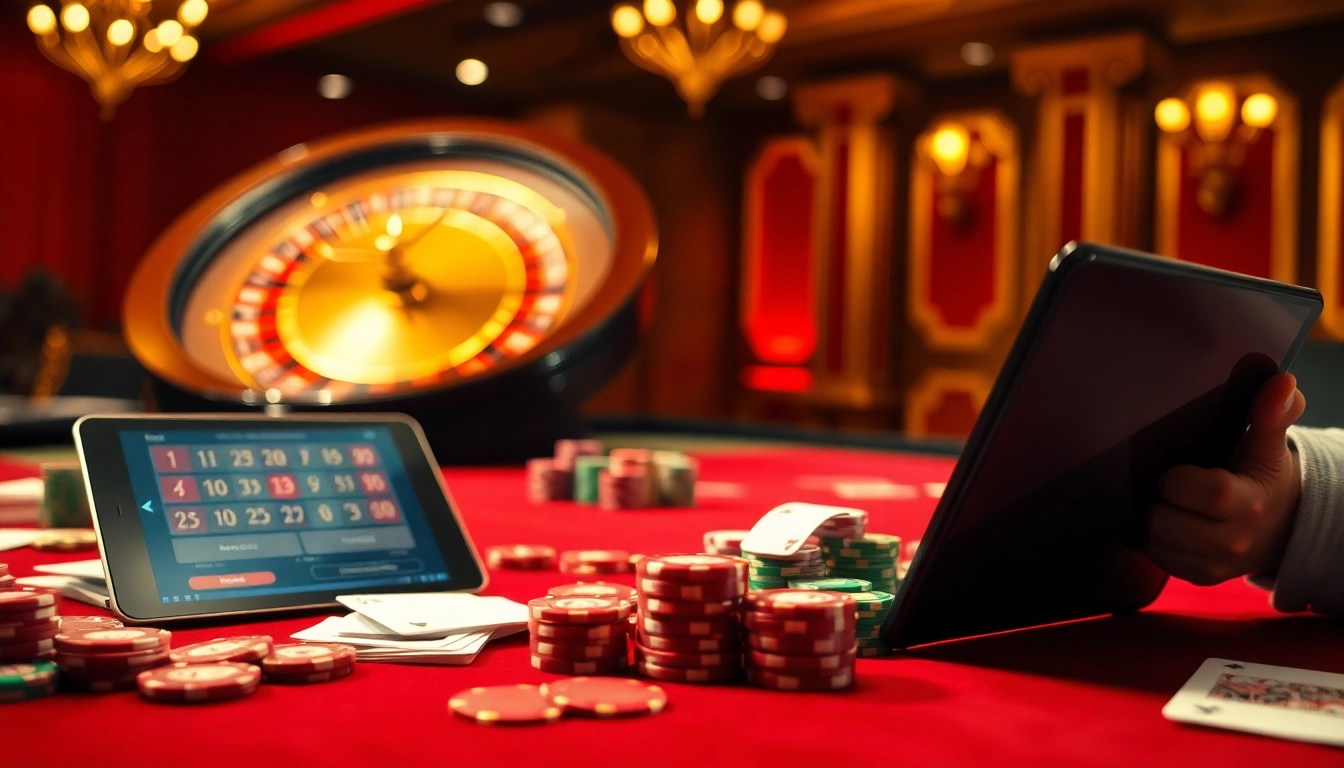 Experience the thrill of betting at https://89bet.sh/ with a vibrant casino scene showcasing poker chips, cards, and a roulette wheel.