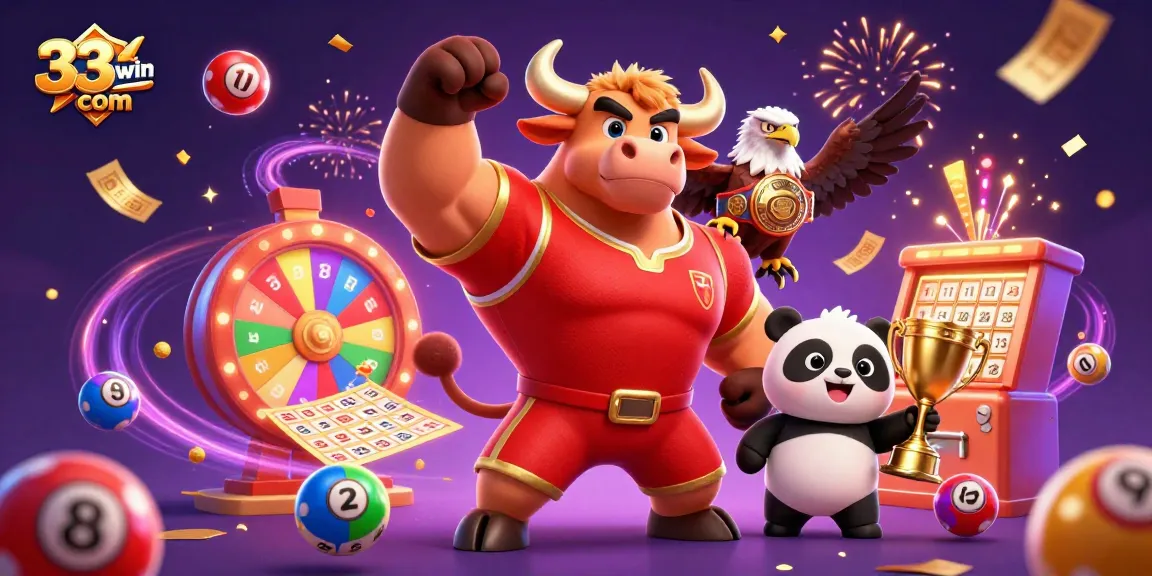 Experience 33win com with energetic mascots celebrating wins in a vibrant casino scene.