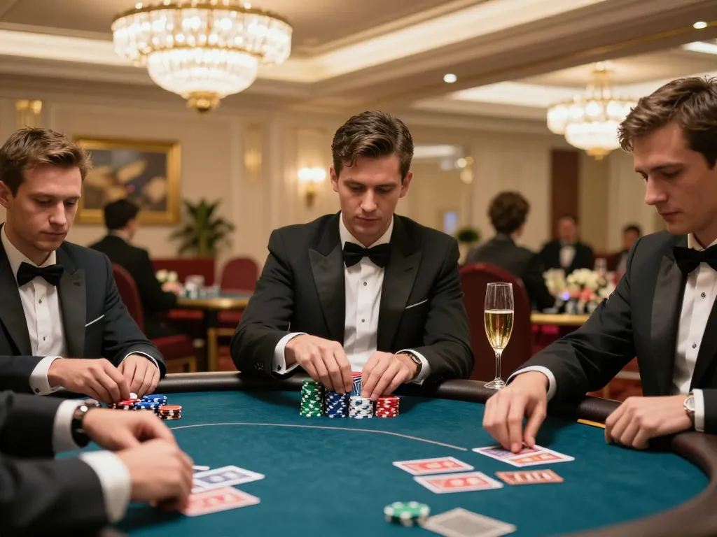 Five88 players engaged in a high-stakes poker game, showcasing strategy and excitement in a luxurious casino setting.