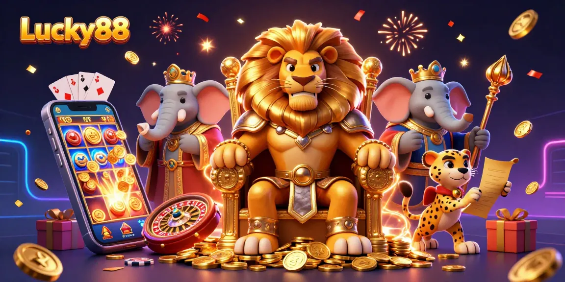 Experience the excitement of Lucky88 with a dynamic 3D casino scene featuring a lion king and gaming elements.