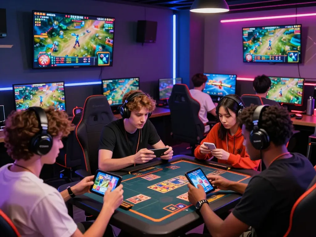 Engaging scene at https://da88.coach/ showing diverse players immersed in online gaming activities, highlighting vibrant digital graphics and interactive devices.