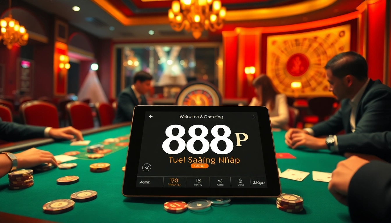 Players enjoying a thrilling blackjack game while utilizing 888p đăng nhập on a tablet in a luxurious casino setting.