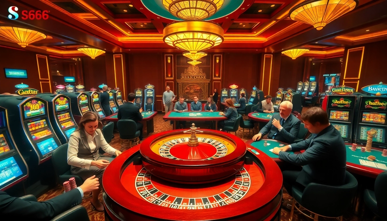 S666 players celebrating wins at a vibrant casino with poker chips and roulette wheel