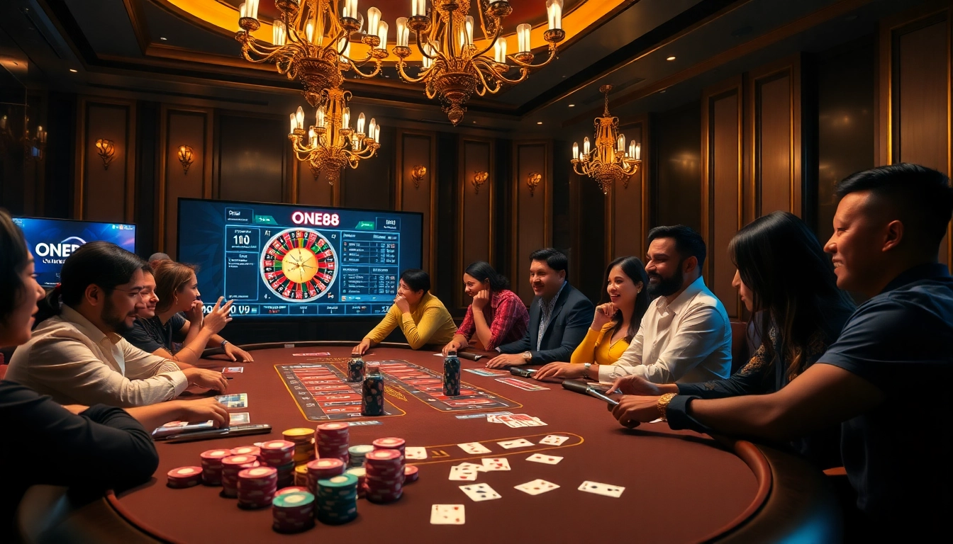 ONE88 online casino showcasing an exciting poker game with vibrant chips and illuminated atmosphere.