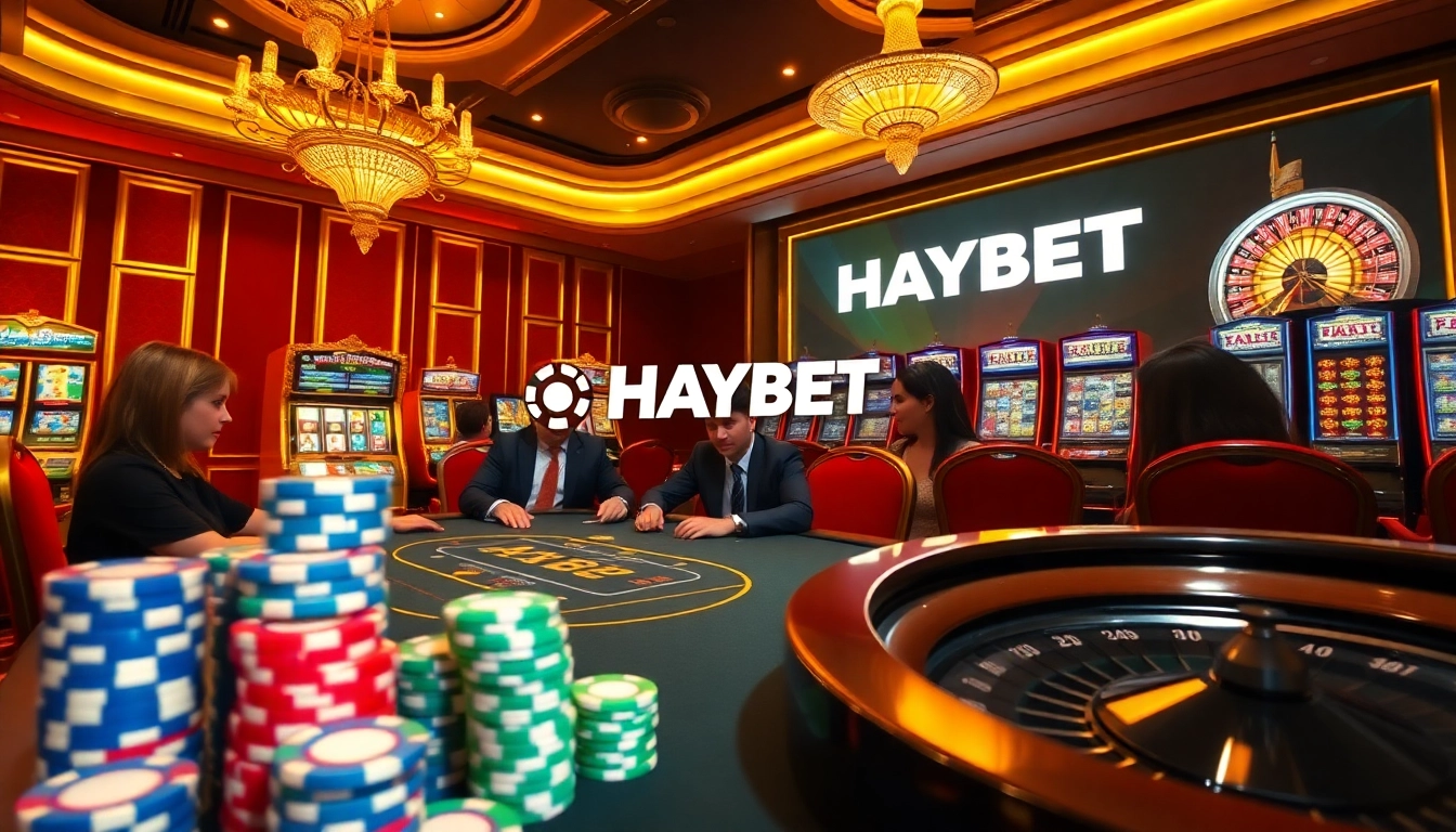 HAYBET casino scene with poker players, chips, and roulette wheel in a luxurious setting.
