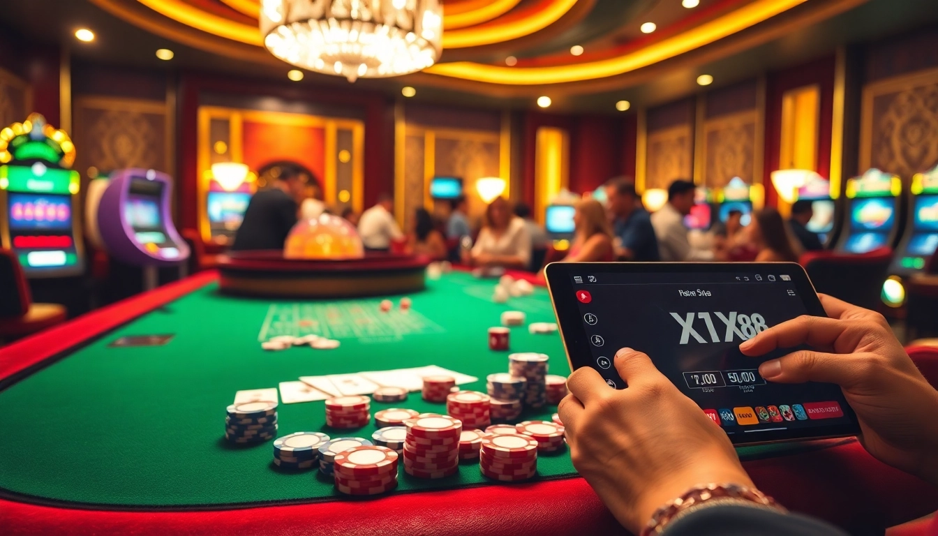 Experience excitement at nhà cái max88 with players enjoying vibrant casino games surrounded by luxury.