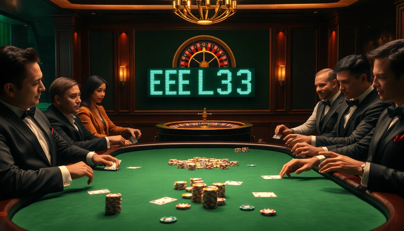 Experience thrilling poker action at an elegant casino featuring EE JL33 amidst players, poker chips, and cards.