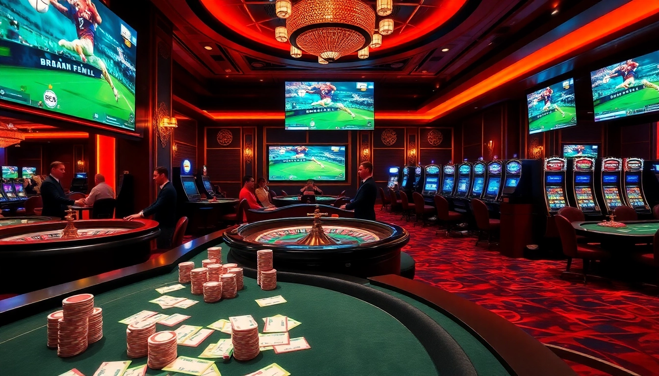 Experience sports betting excitement at UK88 with engaging casino visuals featuring players and vibrant tables.