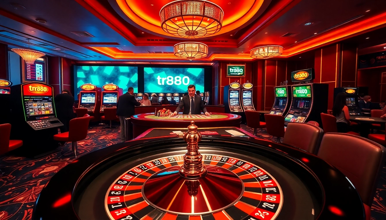 Engage with the excitement of gambling at https://tr88.bio/ featuring a vibrant roulette wheel and poker table.