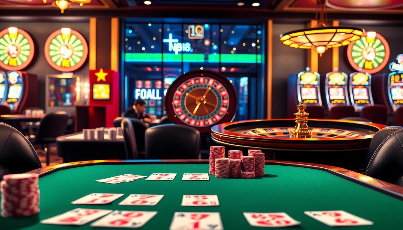 Engage in excitement at nk88.com with a vibrant casino scene featuring poker chips and roulette wheel.