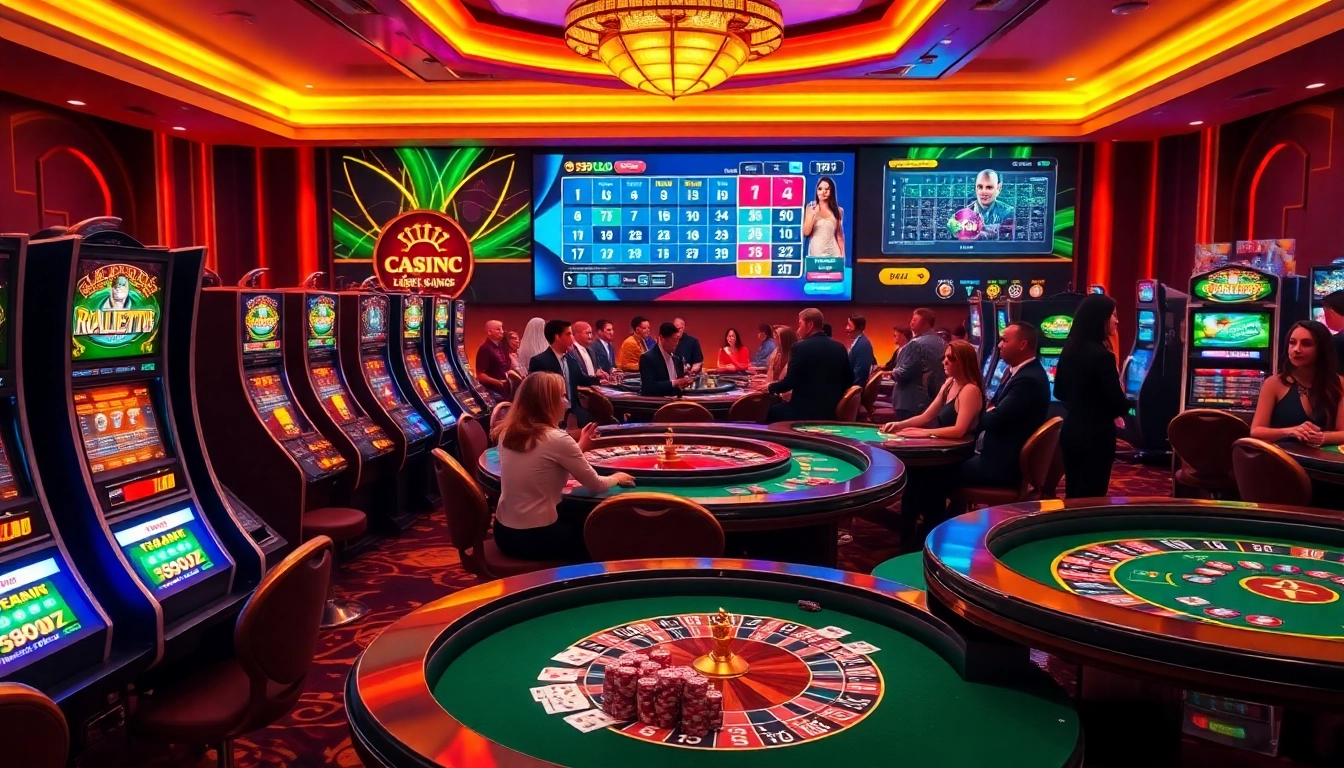 Players enjoying the thrilling games at the 789 club, filled with vibrant casino tables and slot machines.