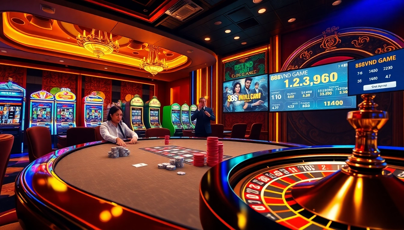 Exciting gameplay in 888VND GAME with vibrant casino visuals, including poker tables and slot machines.