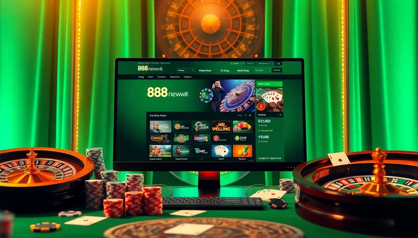 Experience the excitement of 888neww8.com with a vibrant online gambling interface and casino elements.