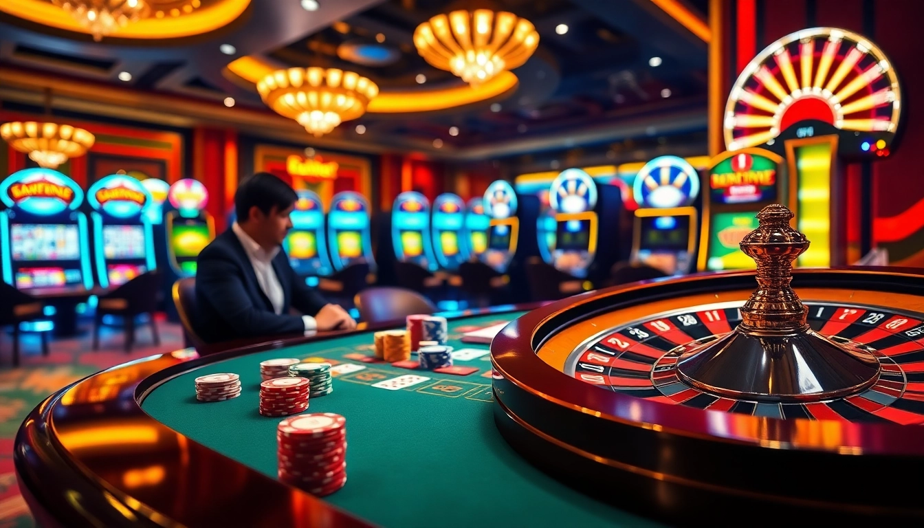 Engaging scene of e2bet online casino, featuring poker chips and a roulette wheel in a luxurious setting.