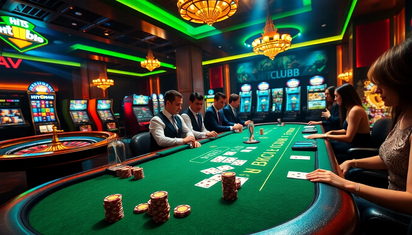 Hitclub gaming table with vibrant poker chips and excited players in a luxury casino.