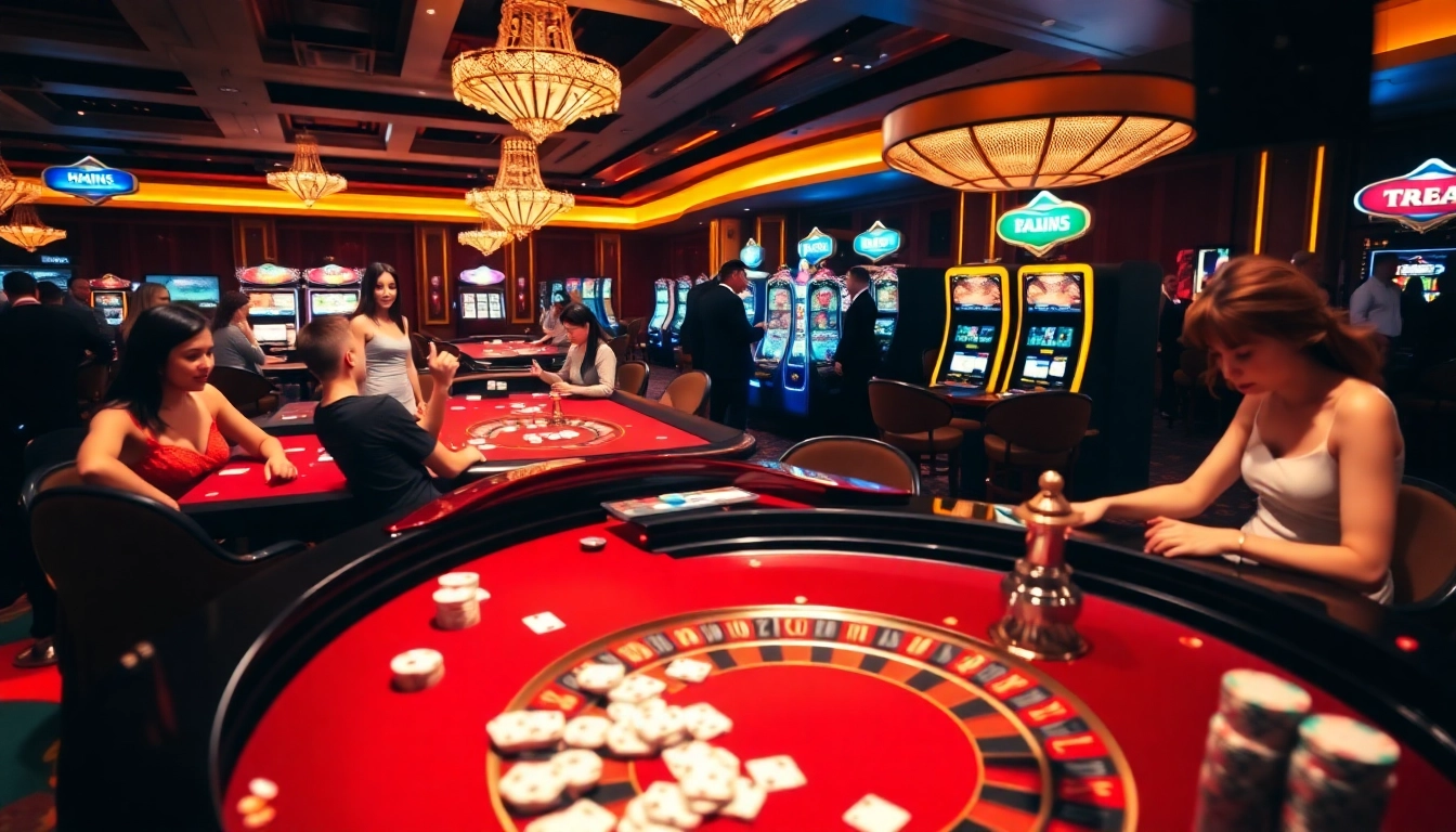 Hitclub casino scene with players eagerly engaging in excitement at poker and slot machines.