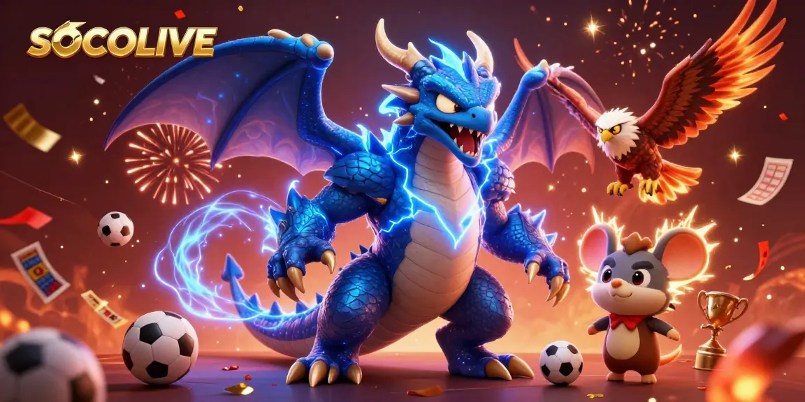 SOCOLIVE showcases a dynamic sports betting scene with animated characters and vibrant celebratory elements